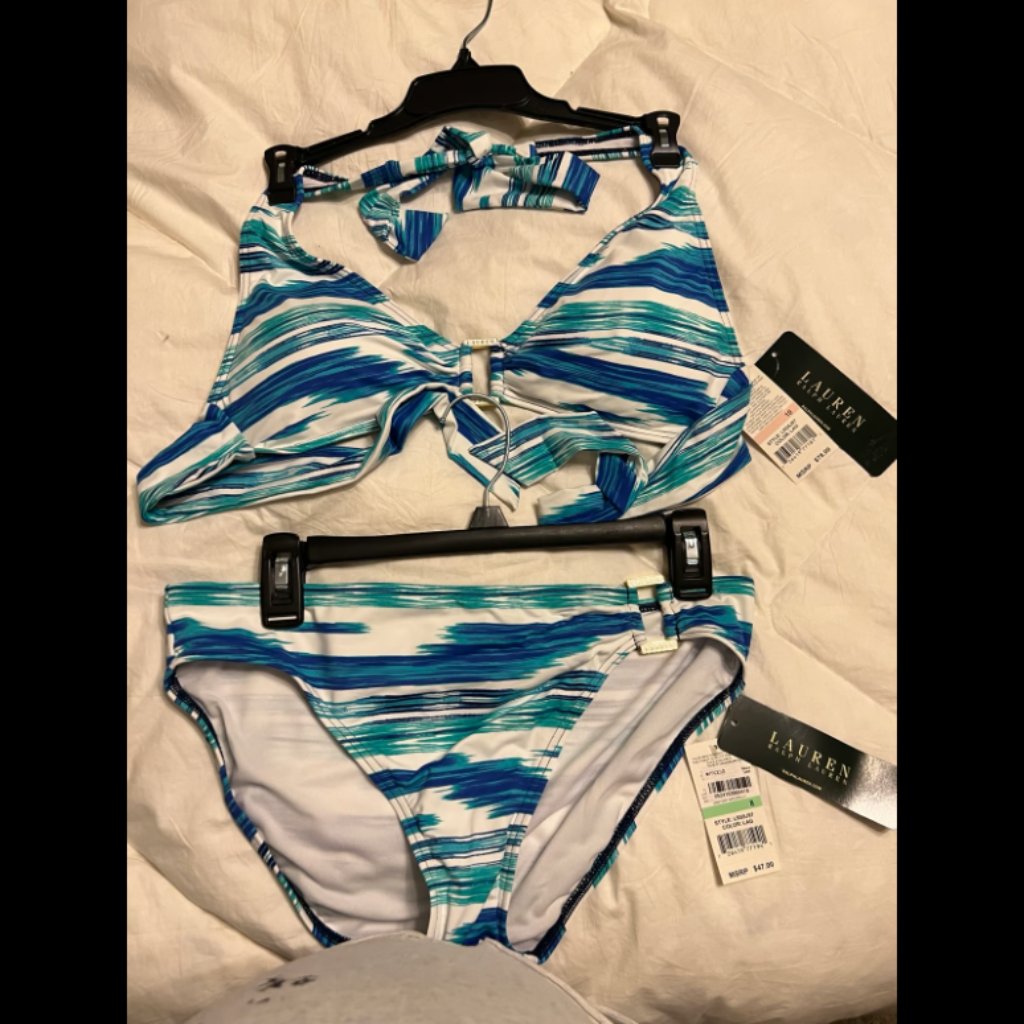 Ralph Lauren Blue White & Green Bikini Set Top Size 10 Bottoms Size 8 & 10